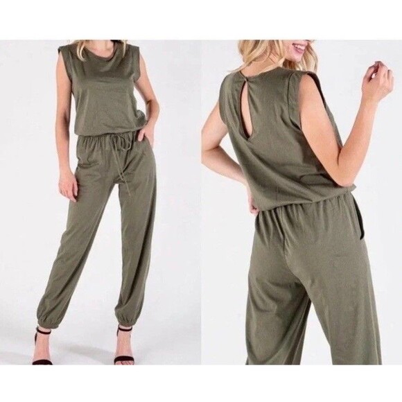 12pm by mon ami jumpsuit Women size M Stretch khaki sleeveless stretch waist - Picture 1 of 11